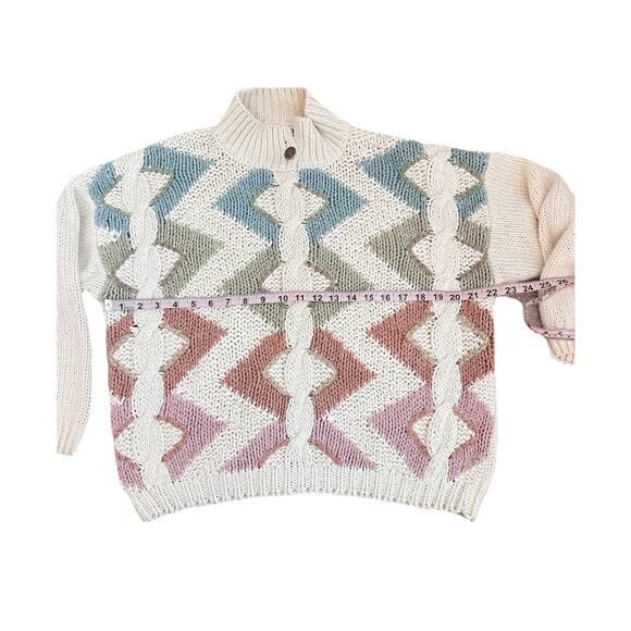 Vtg Hand Knit Chevron Sweater Cream Pastel Y2K Cable Knit Button Collar Grandma - Picture 7 of 9